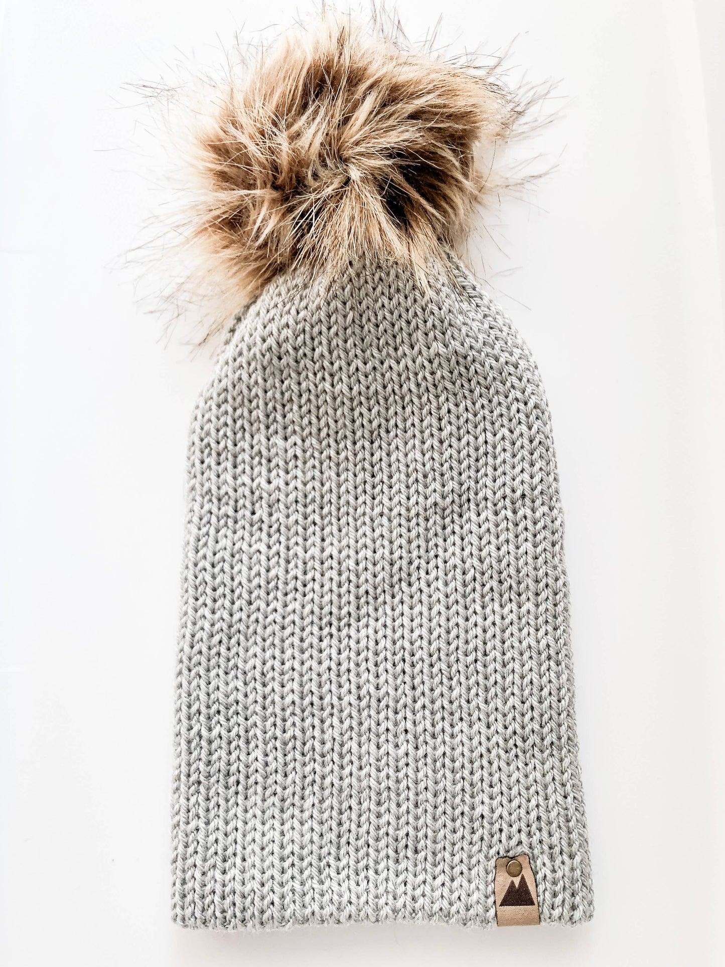 Pale Grey Knit Beanie Toque with Fur Pom Pom hat