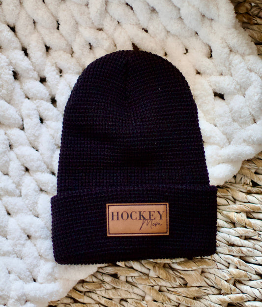 Black Hockey Mom Waffle Knit Winter Beanie Toque hat