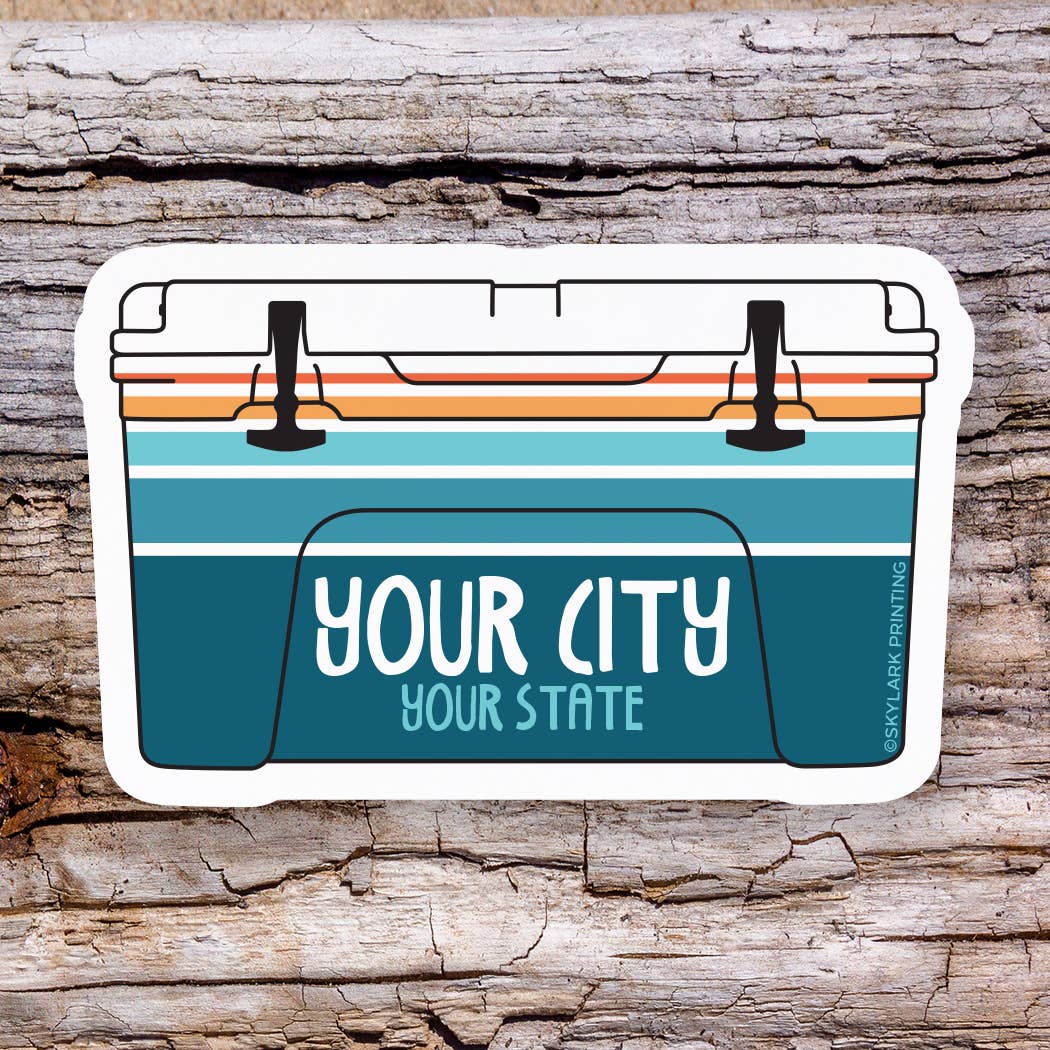 Cooler Souvenir Sticker with Your City, Beach or State