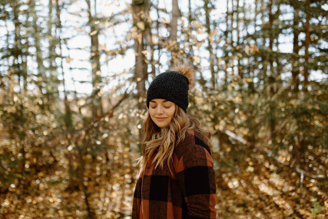 Black Knit Beanie Toque with Fur Pom Pom hat