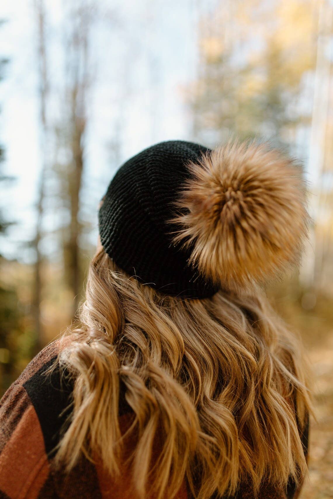 Black Knit Beanie Toque with Fur Pom Pom hat