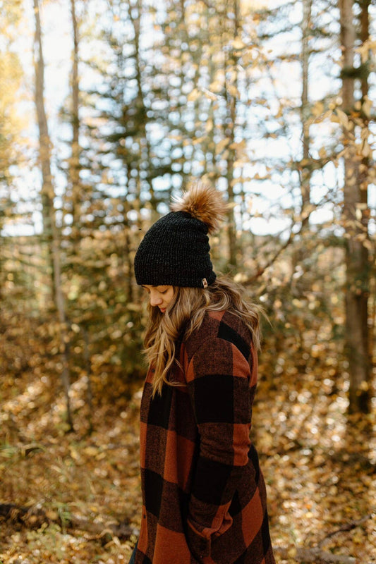 Black Knit Beanie Toque with Fur Pom Pom hat