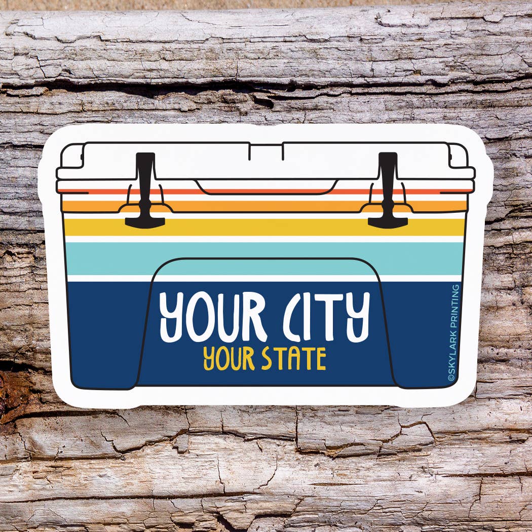 Cooler Souvenir Sticker with Your City, Beach or State