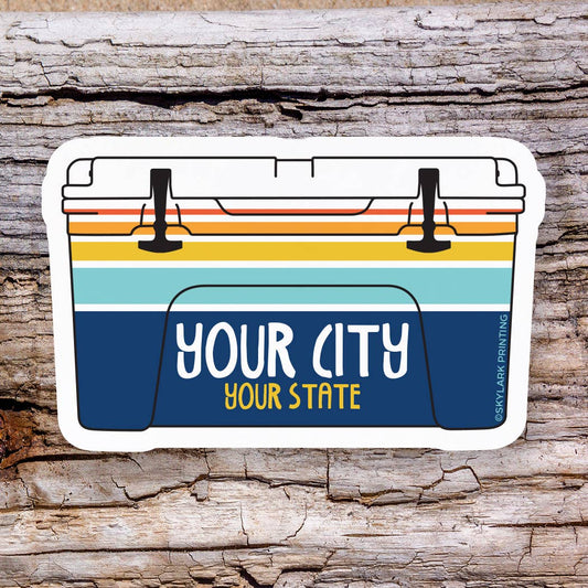 Cooler Souvenir Sticker with Your City, Beach or State