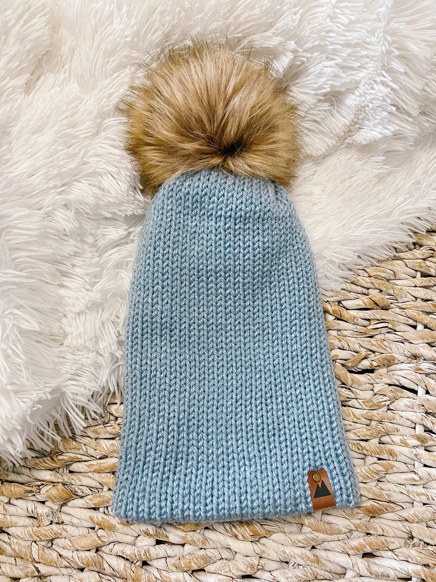 Ice Blue Beanie Toque with Fur Pom Pom hat