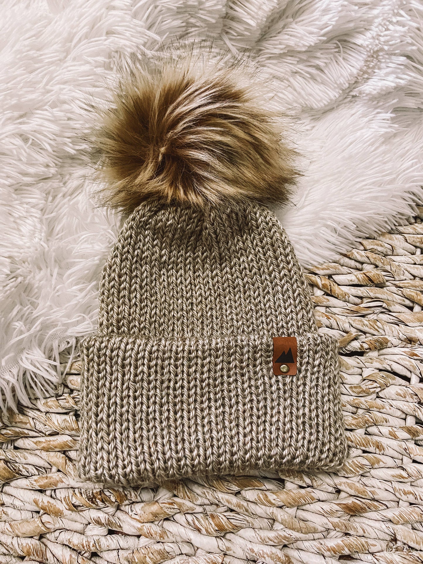 Oatmeal Knit Beanie Toque with Fur Pom Pom hat