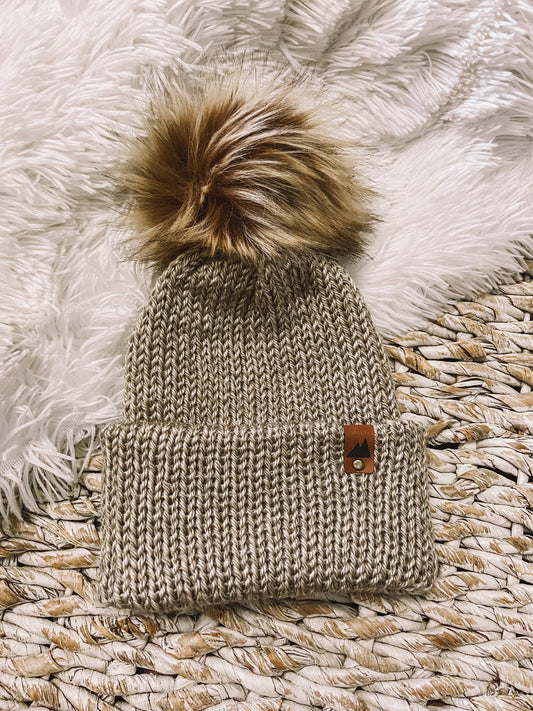 Oatmeal Knit Beanie Toque with Fur Pom Pom hat