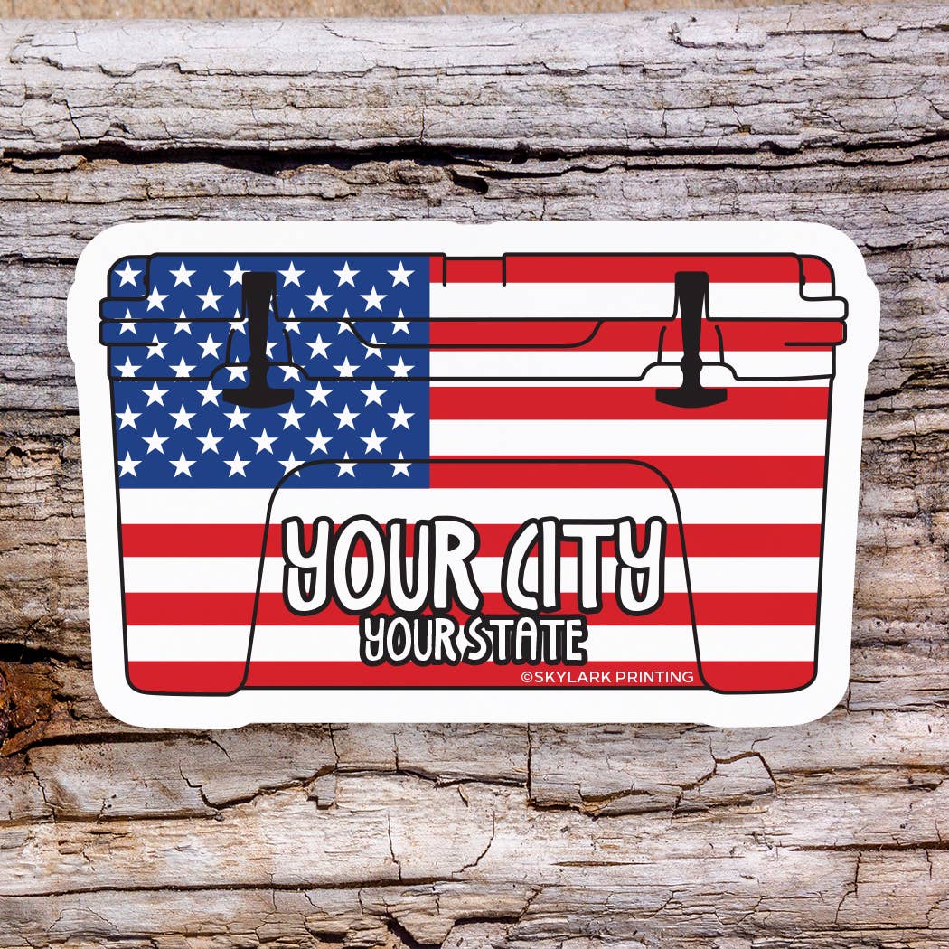 Cooler Souvenir Sticker with Your City, Beach or State