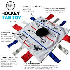 Hockey Puck Baby Learning Lovey Tag Stroller Toy 10" x 10"