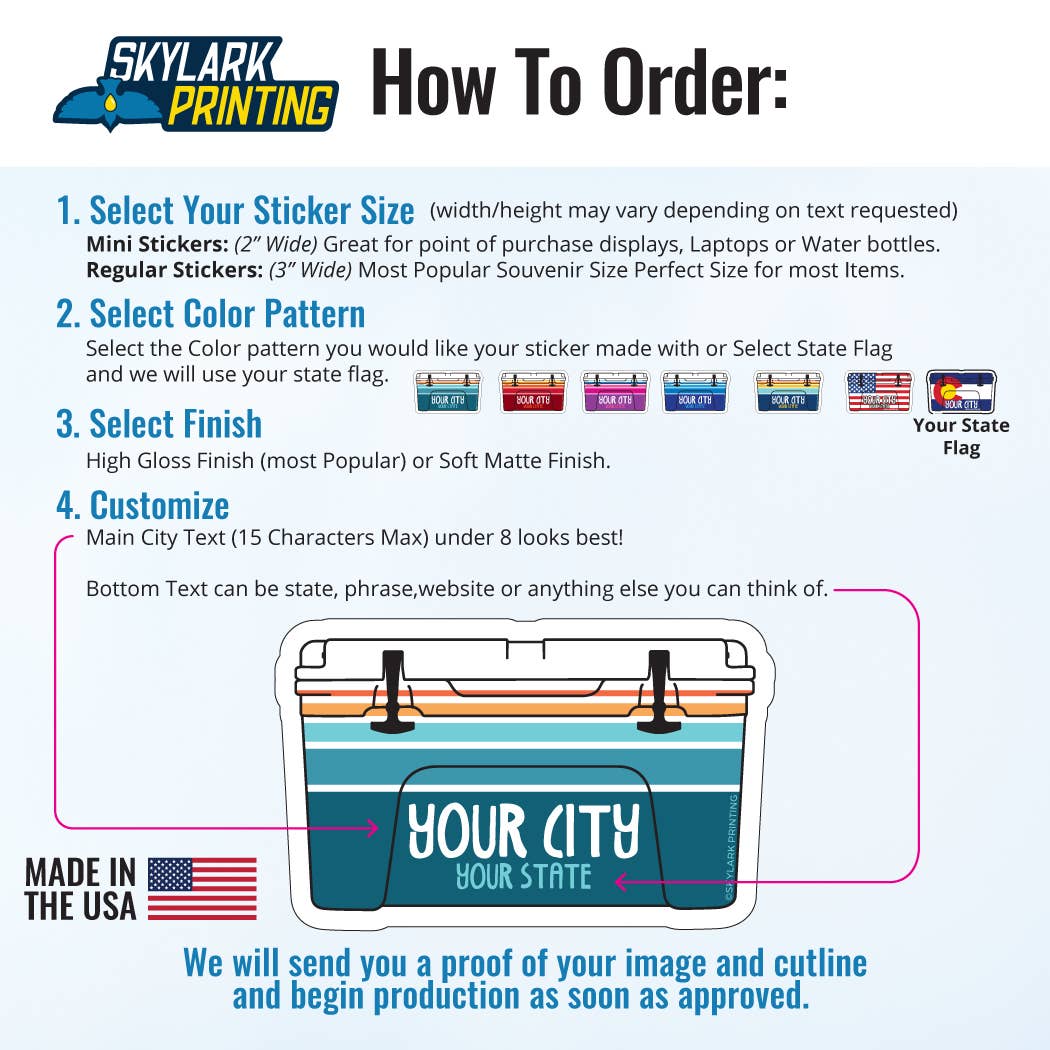 Cooler Souvenir Sticker with Your City, Beach or State