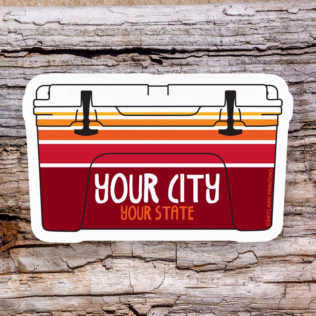 Cooler Souvenir Sticker with Your City, Beach or State