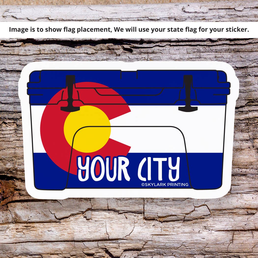 Cooler Souvenir Sticker with Your City, Beach or State