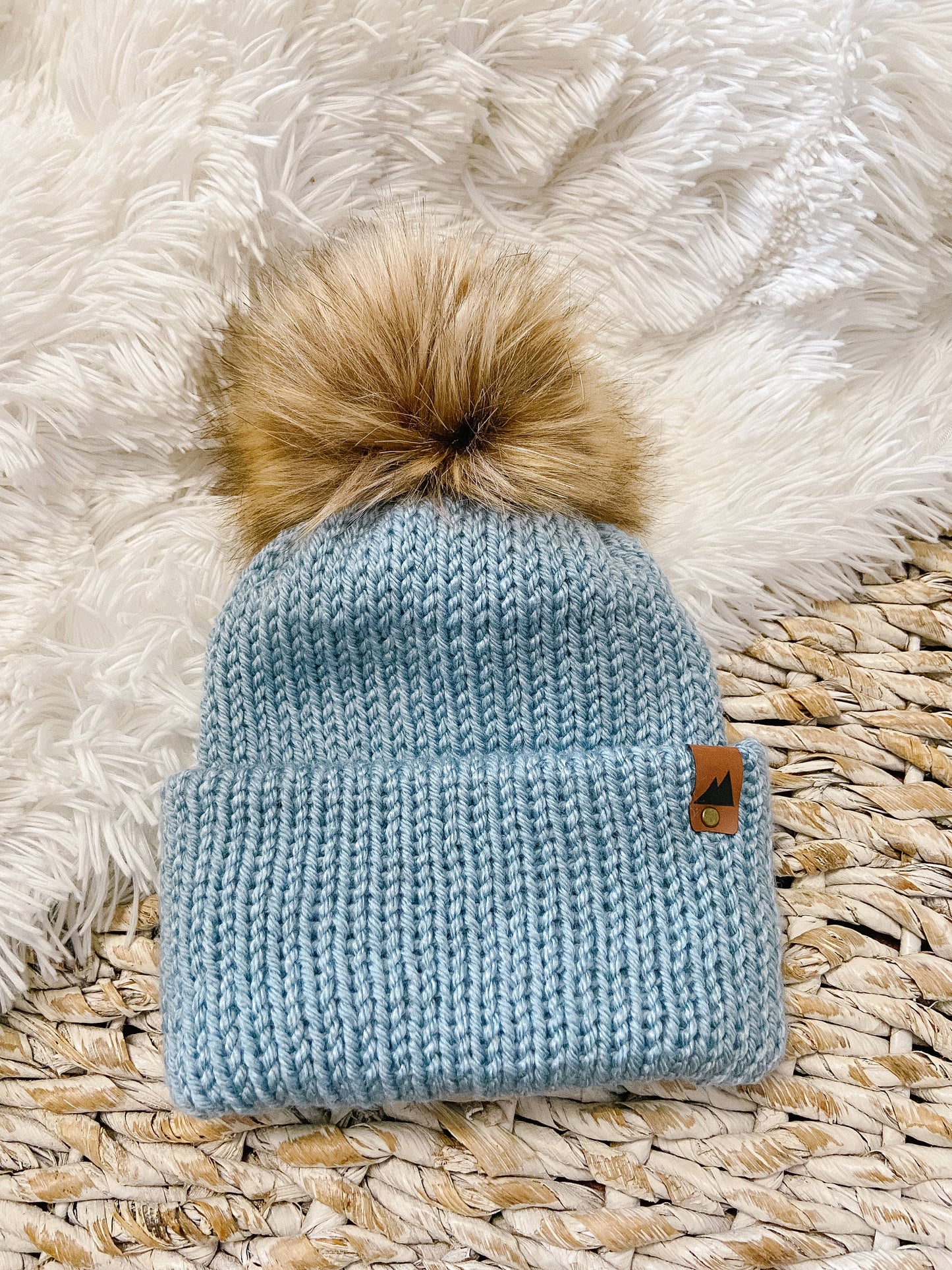 Ice Blue Beanie Toque with Fur Pom Pom hat