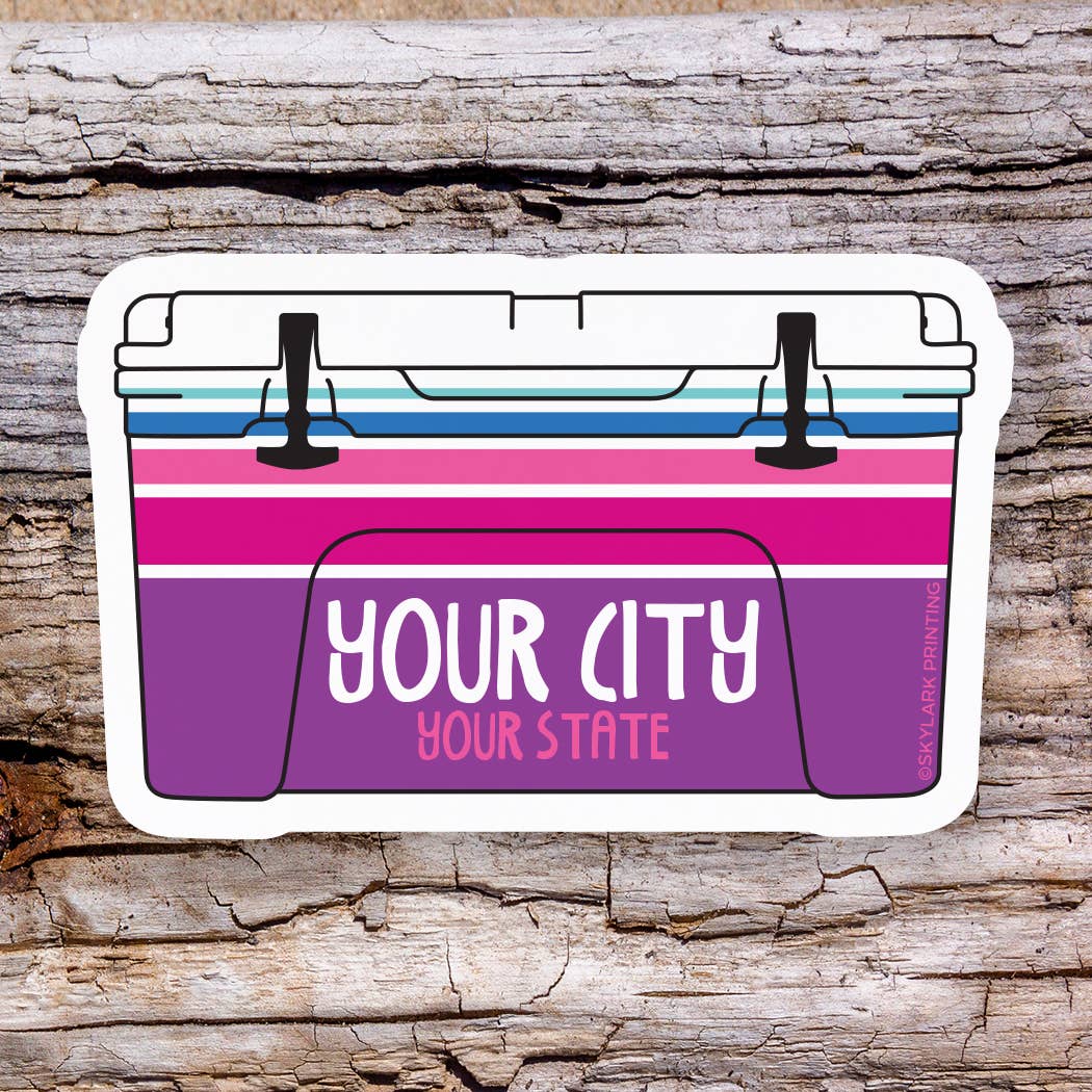 Cooler Souvenir Sticker with Your City, Beach or State