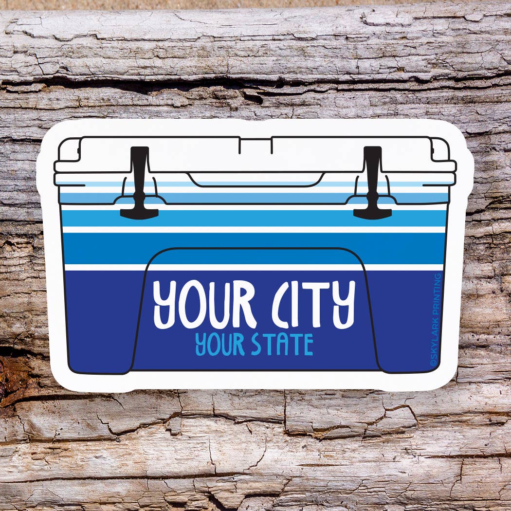 Cooler Souvenir Sticker with Your City, Beach or State