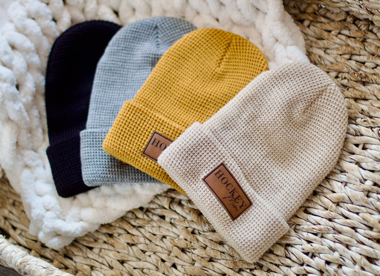Black Hockey Mom Waffle Knit Winter Beanie Toque hat